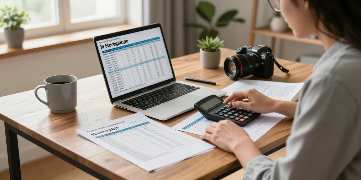 Person simulating hipoteca calculations in a cozy home office with documents and laptop.