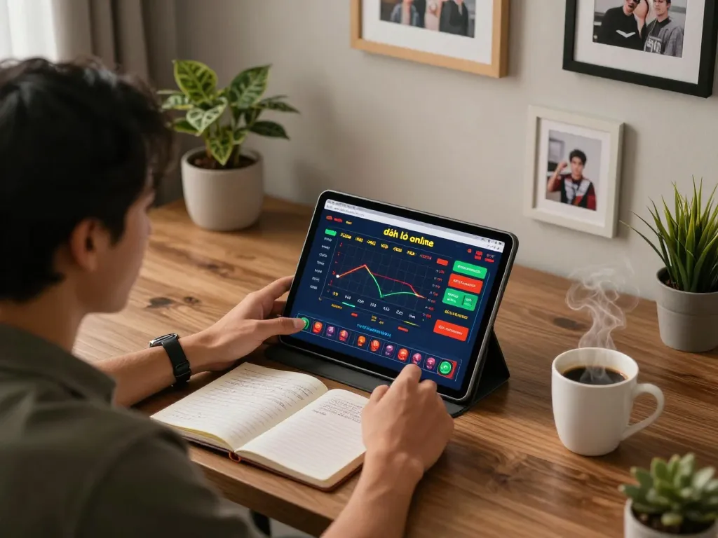 Engaging in đánh lô online with a tablet in a cozy home office setting, showcasing vibrant betting interface and cozy ambiance.