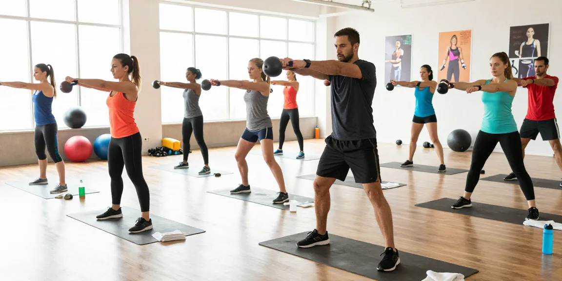 Clase de entrenamiento intenso en Esteroidesshop, donde un instructor guía a participantes diversos con ejercicios de kettlebell.