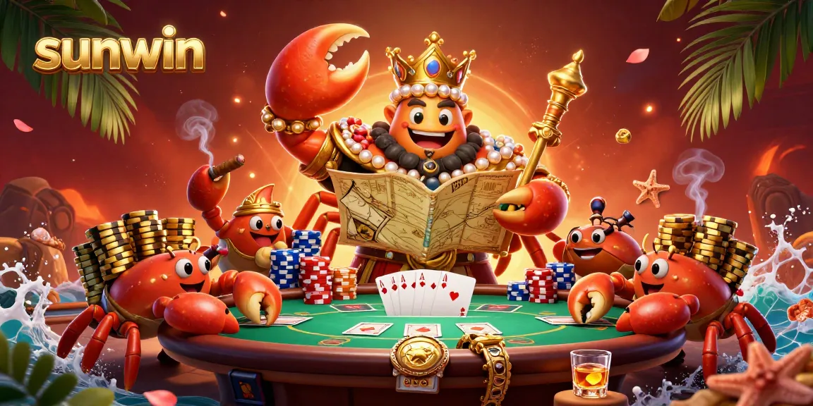 Experience sunwin's vibrant golden crab emperor amidst thrilling poker elements and lively casino atmosphere.