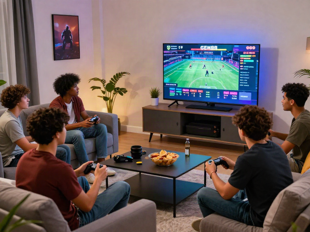 Engaging gaming atmosphere with friends enjoying GEM88 online platform on large screen.