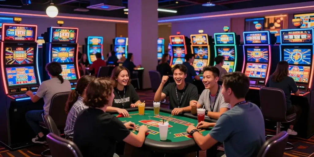 Experiencia de juego en línea en phuwerte-inwersowia.com, amigos disfrutando de las máquinas tragamonedas y mesas de cartas.