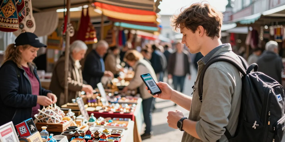 Usando https://payinrussia.com/ para pagar en un mercado local lleno de vida.