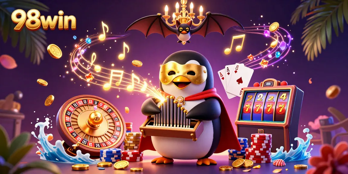 Experience dynamic gameplay with 98win in this vibrant casino-themed 3D illustration.