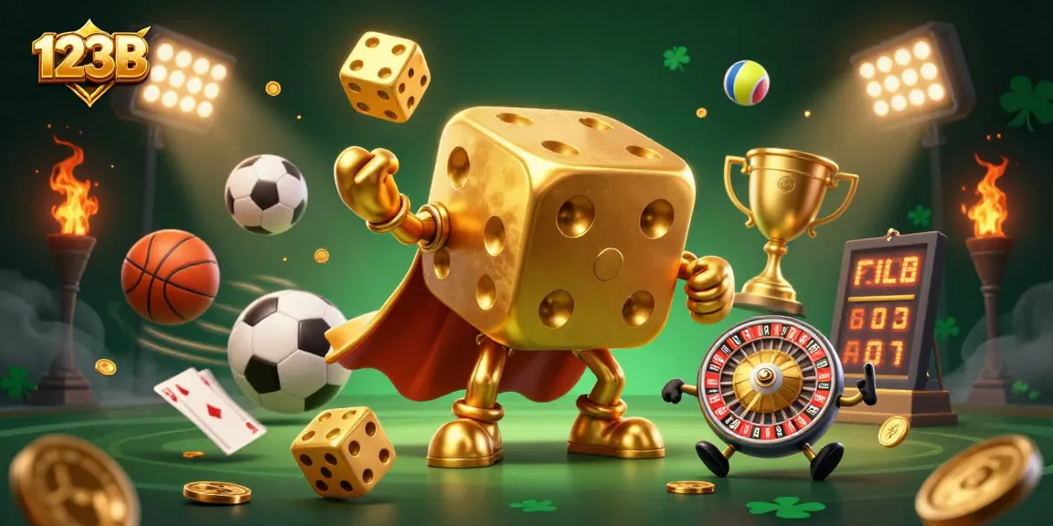 Engage in thrilling betting at 123B, where dynamic sports balls and golden elements create an exciting atmosphere.