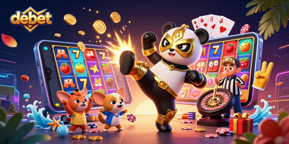 Experience high-energy gameplay with debet as the panda wrestler performs spectacular kicks in a lively casino atmosphere.