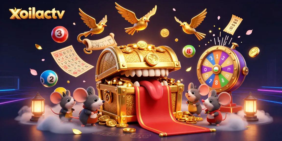 Xoilactv showcases an adventurous gaming scene as charming mice approach a treasure chest filled with riches.