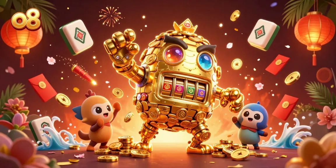 Engage with the thrilling world of o8 as the golden golem spins lucky mahjong tiles amidst fireworks and lanterns.