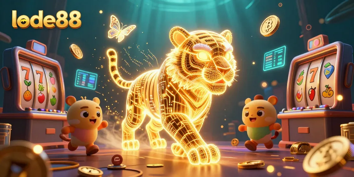 Engage with lode88 as the golden tiger navigates a vibrant casino filled with Bitcoin and Ethereum.
