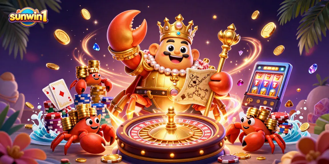 Experience sunwin1 with a golden crab emperor amidst sparkling gems, coins, and thrilling casino elements