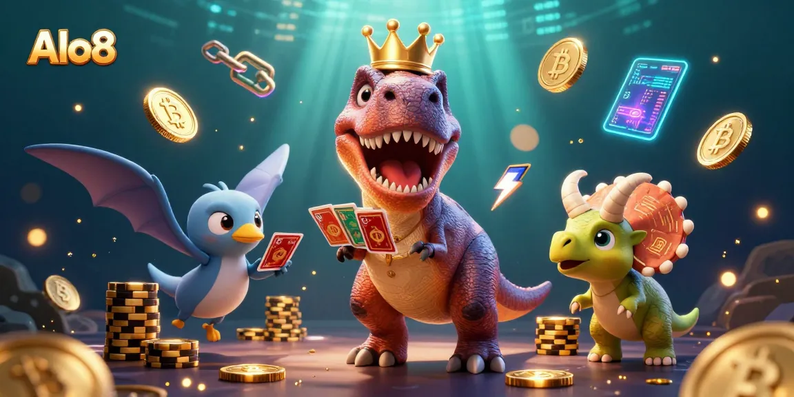 Alo8 showcases a thrilling 3D scene with a T-Rex shuffling cards while gambling for crypto rewards.