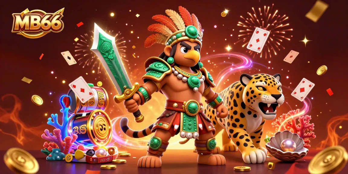 Experience the thrilling excitement of MB66 with Aztec warriors in a vibrant casino scene filled with gold coins and gaming elements.