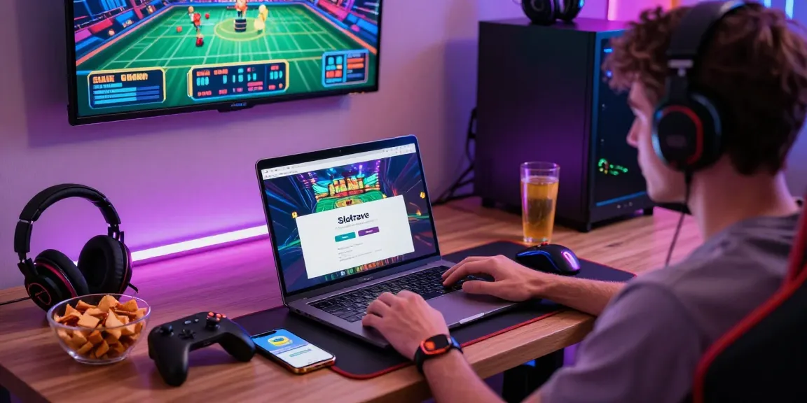 Engaging Slotrave login scene highlighting a user accessing online gaming with laptop and mobile app in a vibrant gaming setup.
