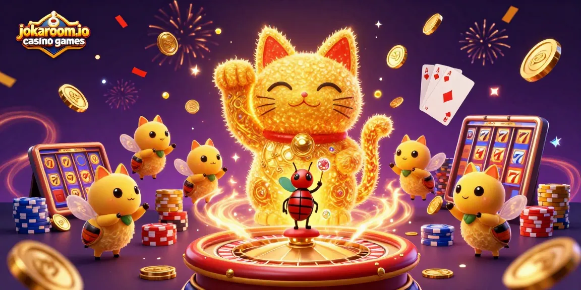 Experience jokaroom.io casino games with a dynamic lucky cat and conductor beetle amidst festive casino elements.