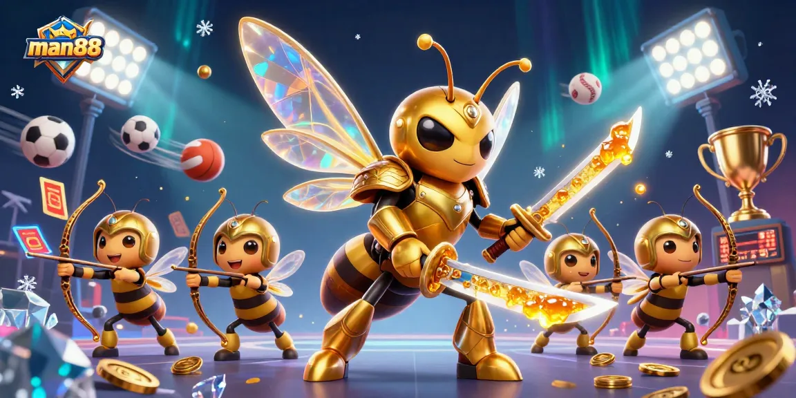 Experience gaming excitement with man88 in a vibrant 3D illustration showcasing casino elements and dynamic sports.