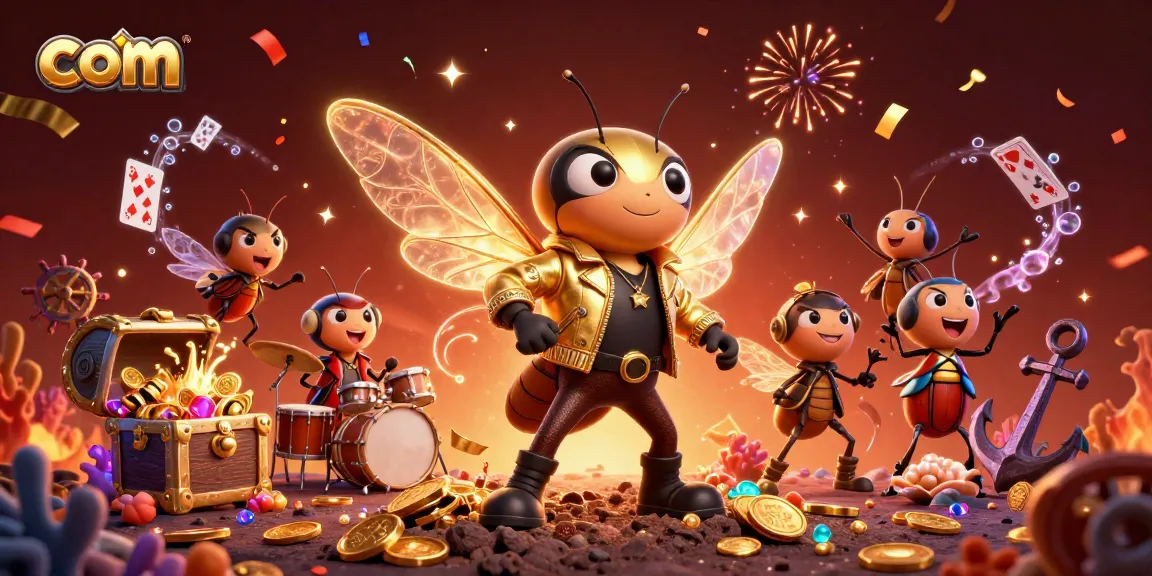 Experience exciting gameplay at com with a vibrant casino-themed illustration featuring a cicada rock star.