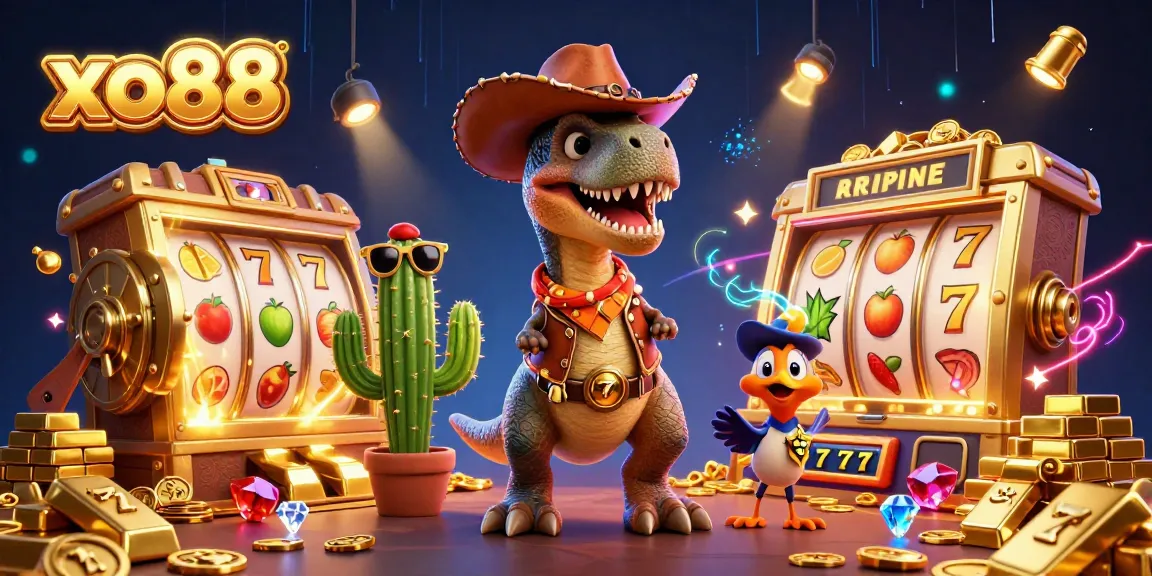 Experience winning at xo88 with a dynamic scene featuring a T-Rex, cactus, and roadrunner surrounded by slots and treasures.