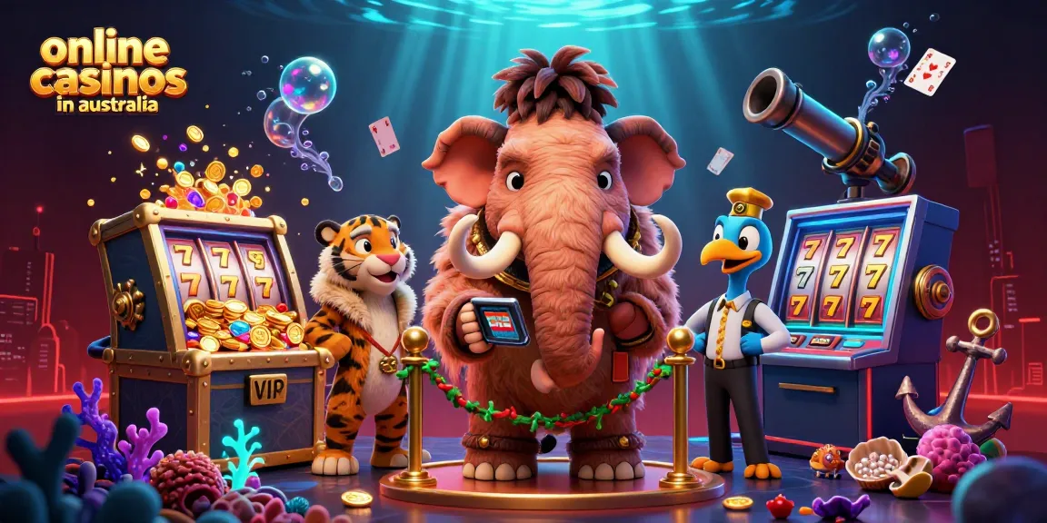Experience thrilling moments at online casinos in Australia with a lively cartoon scene featuring unique characters and elements