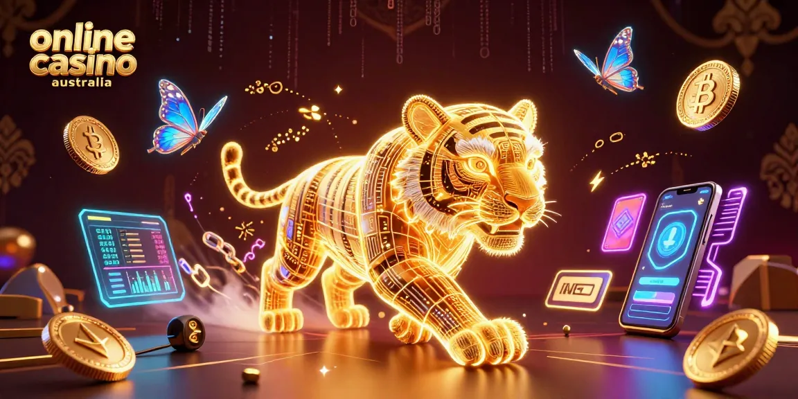 Engage with online casino Australia in a vibrant digital landscape featuring a glowing tiger and cryptocurrency elements.