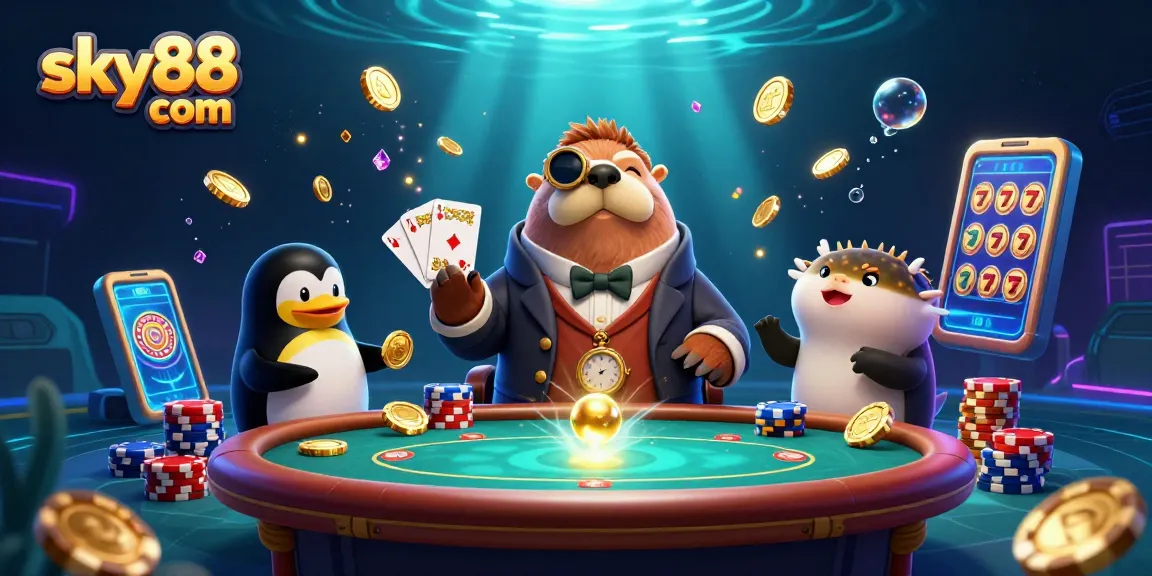 Enjoy exciting underwater poker with sky88 com featuring a jolly walrus, penguin dealer, and bluffing pufferfish.