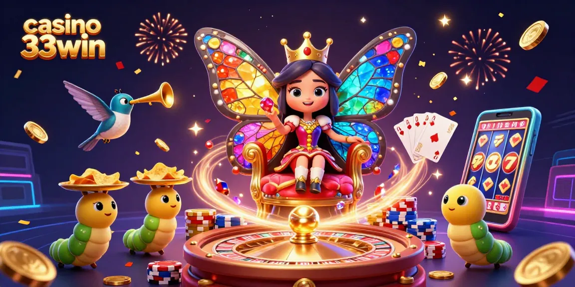 Experience thrilling gameplay at casino 33win with a vibrant 3D casino scene featuring a butterfly queen and golden chips.