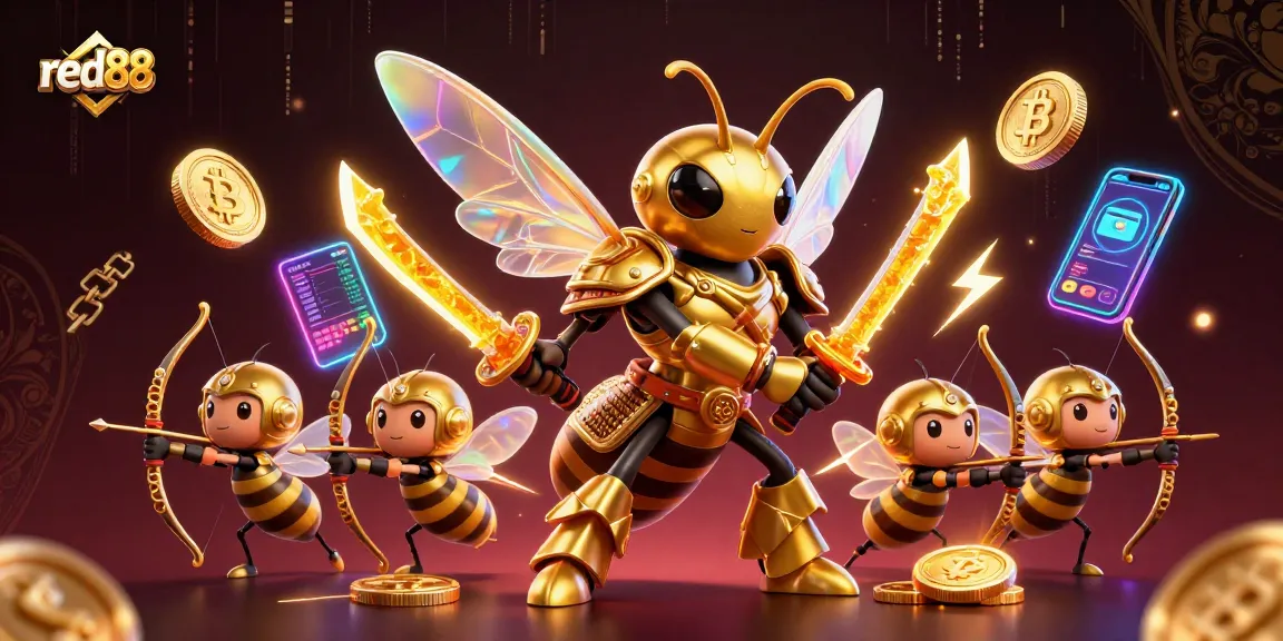 Experience dynamic adventures at red88 with a golden hornet in samurai armor and crypto elements.
