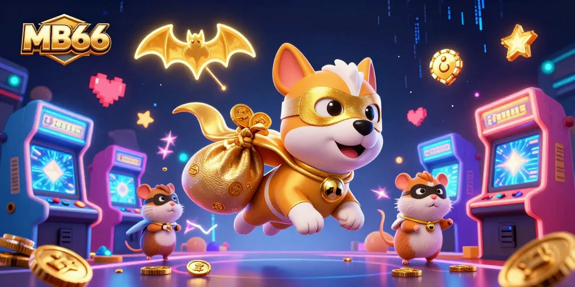 Experience thrilling gameplay at MB66 with a superhero dog and hamster amidst vibrant casino elements.