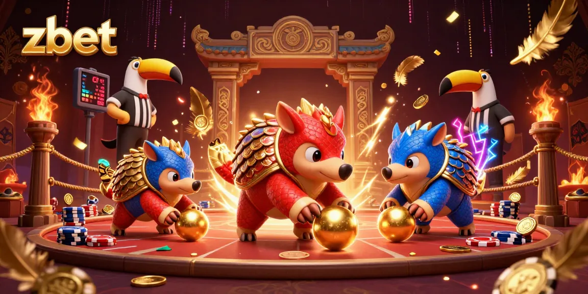 Zbet showcases rival pangolins competing in a vibrant 3D casino-themed scene filled with golden tokens.
