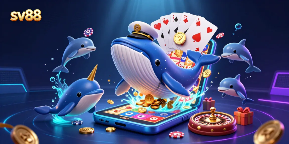 Experience sv88 with a digital casino scene featuring playful marine characters and vibrant slot elements.