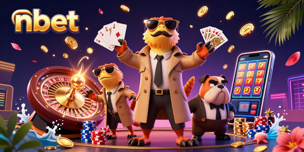 nbet characters enter casino with raptors in trench coat, surrounded by gold coins and colorful chips