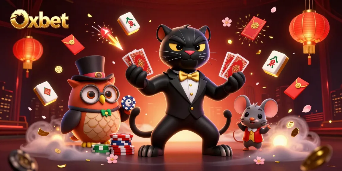 Engaging scene depicting Oxbet's unique casino atmosphere with a panther dealer, owl, and mouse surrounded by festive elements.