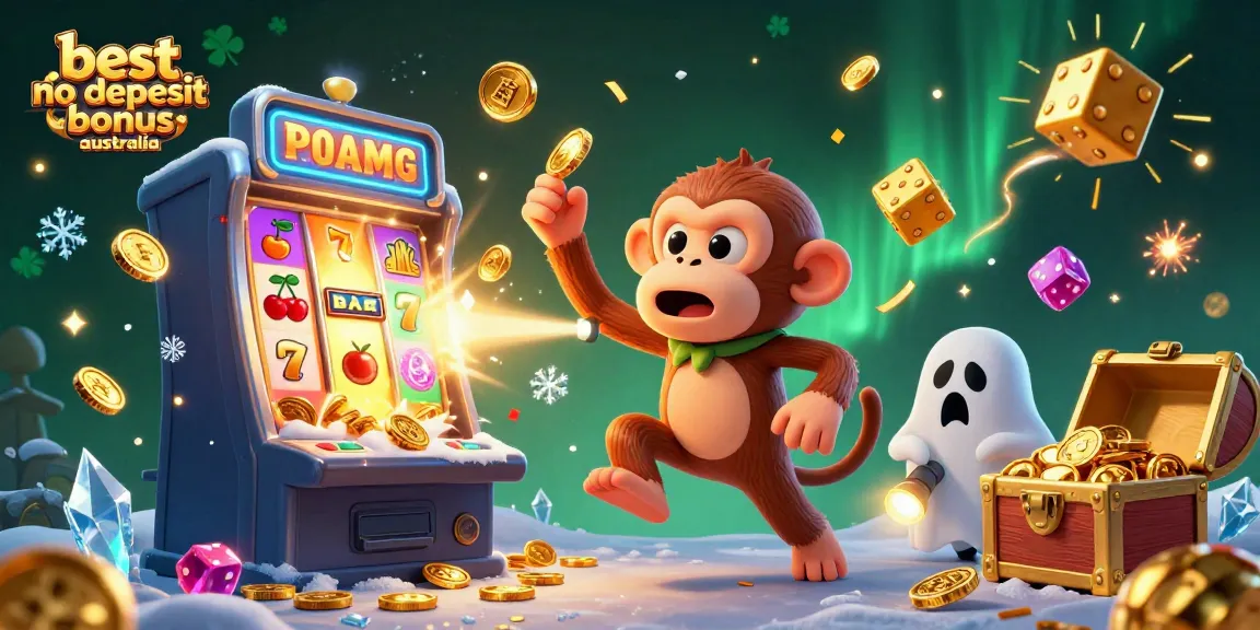 Experience the best no deposit bonus Australia with thrilling casino visuals of a playful monkey and ghost-hunter puppy.