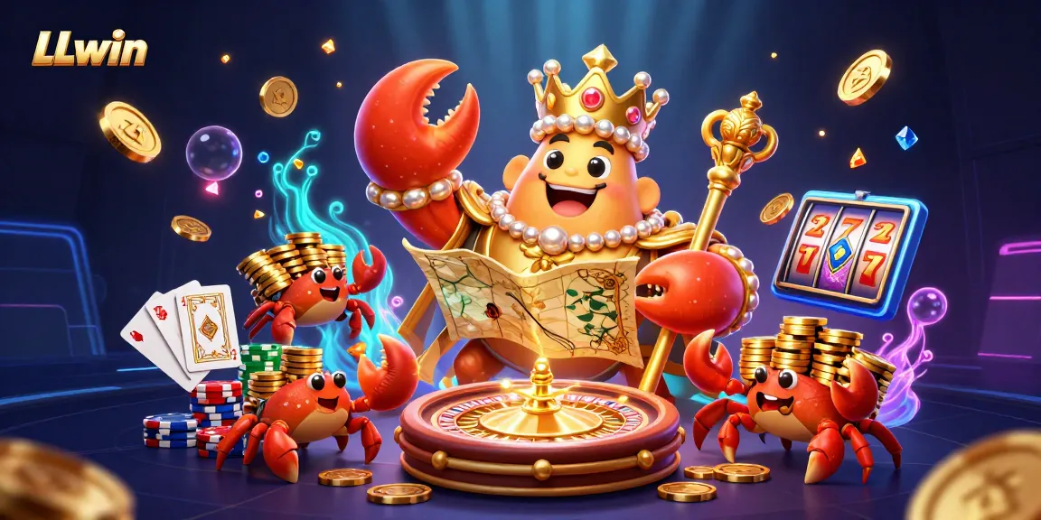 Engage with LLwin's electrifying gambling scene featuring a golden crab emperor and treasures.