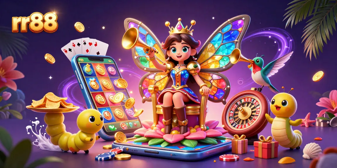 Experience exciting gameplay at rr88 with vivid visuals of a 3D butterfly queen and vibrant casino elements.