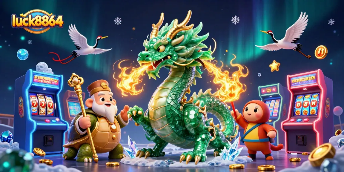 Experience the thrill of luck8864 with a majestic dragon, lucky cranes, and exciting slot games!