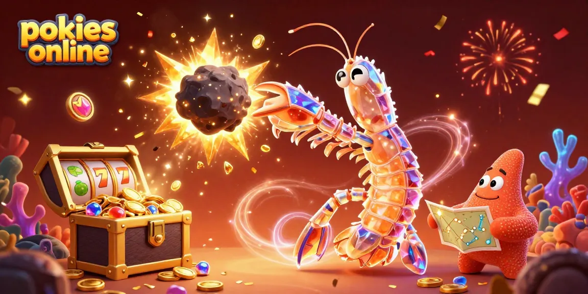 A galactic samurai mantis shrimp championing pokies online, striking an asteroid that bursts into gold coins and jewels.