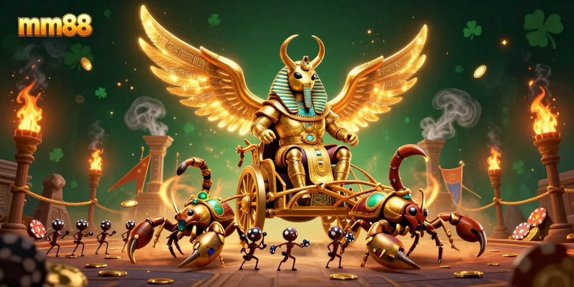 Engage in thrilling betting action with mm88, featuring a glorious golden scarab and scorpion chariots amidst vibrant casino elements.