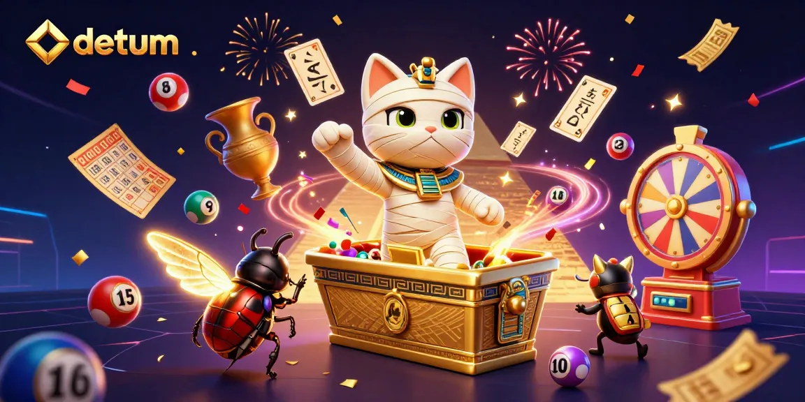 Engage in thrilling casino action with datum as a 3D Egypt-themed mummy cat and vibrant lottery elements.