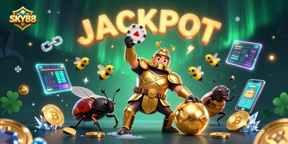Experience thrilling wins at SKY88 with a victorious beetle lifting a poker chip among vibrant casino elements.