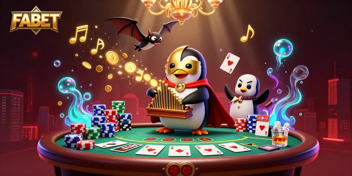 Experience thrilling gameplay with FABET's fun casino scene featuring a penguin organist and poker elements.