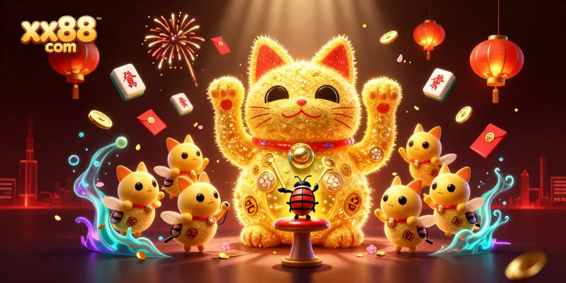 Experience the excitement of xx88 com with a vibrant lucky cat scene amid casino symbols and festive elements.
