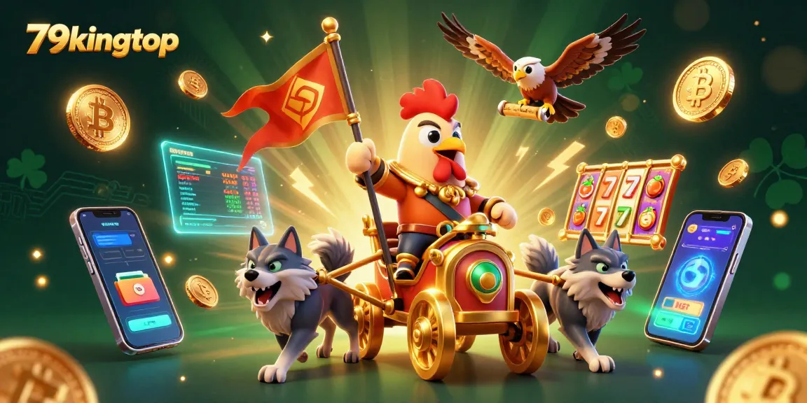 Engaging 3D illustration featuring 79kingtop's rooster warlord and golden chariot among exciting gambling elements and crypto coins.
