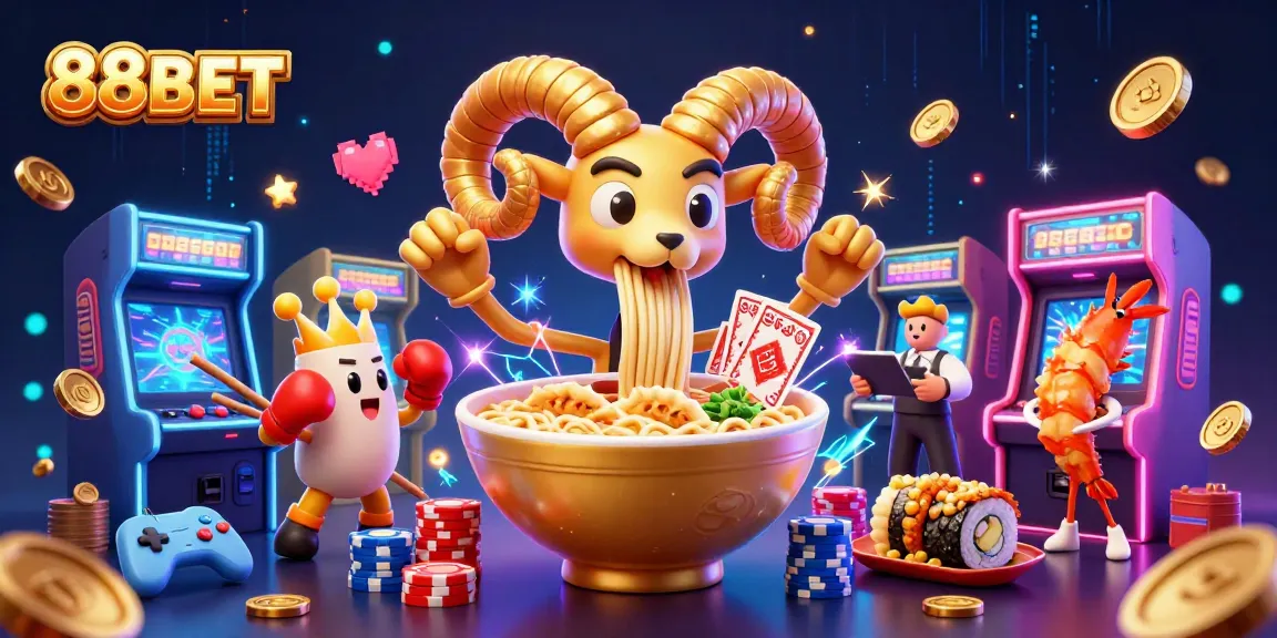 88BET showcases a vibrant 3D cartoon casino scene with a ramen bowl dealer and neon arcade elements.