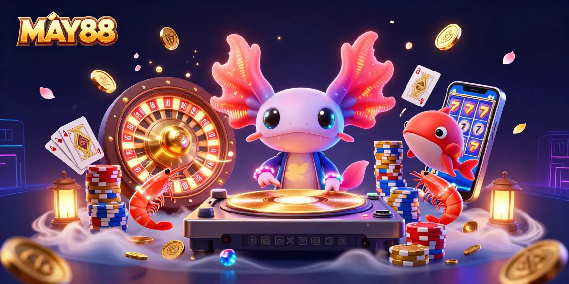 Experience the thrill at MAY88 with an energetic casino scene featuring an axolotl DJ and vibrant gaming elements.